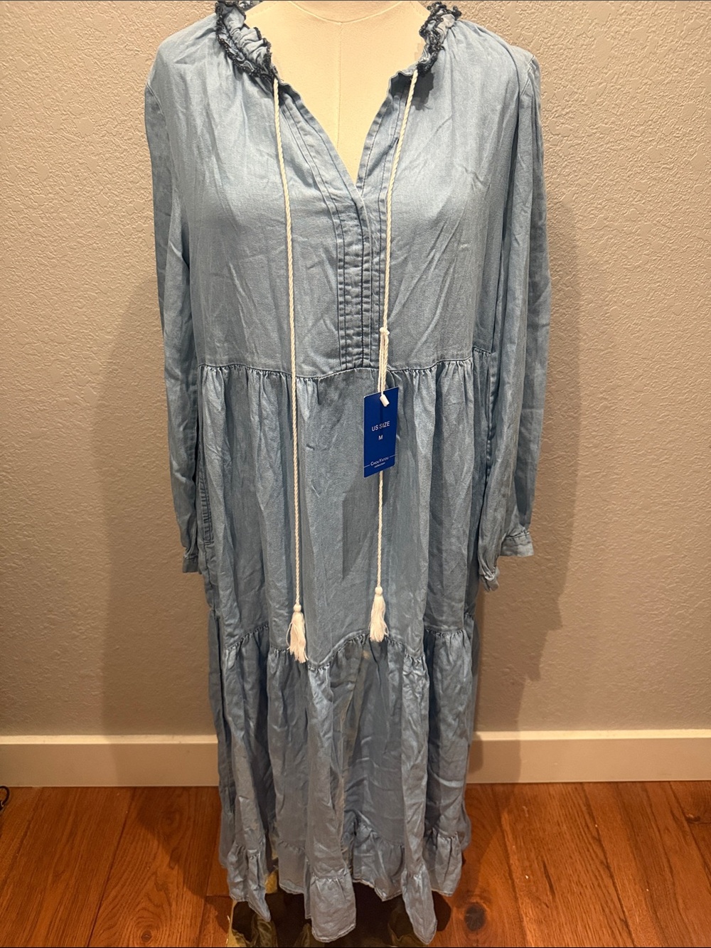 Light Blue Tiered Peasant Maxi Dress with Tassel Ties, flowy oversized fit